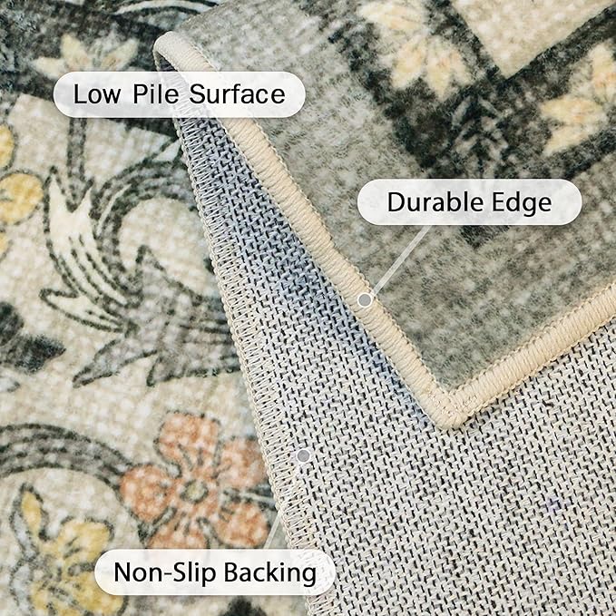 Bavni 5x7 Area Rugs for Living Room, Floral Rug Machine Washable Non Slip, Vintage Boho Forest Carpet, Soft Low Pile Thin Lightweight Rugs for Bedroom, Farmhouse, Dining Room Office, Mist Grey/Ivory
