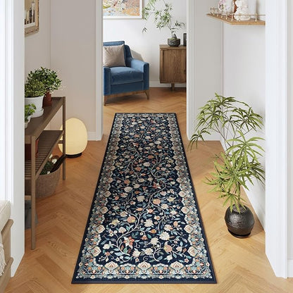 Rugcomf Vintage Paisley Kitchen Runner Rug 2'x6' - Machine Washable, Non-Slip Low Pile Floral Carpet for Laundry, Bedroom, Bathroom - Blue