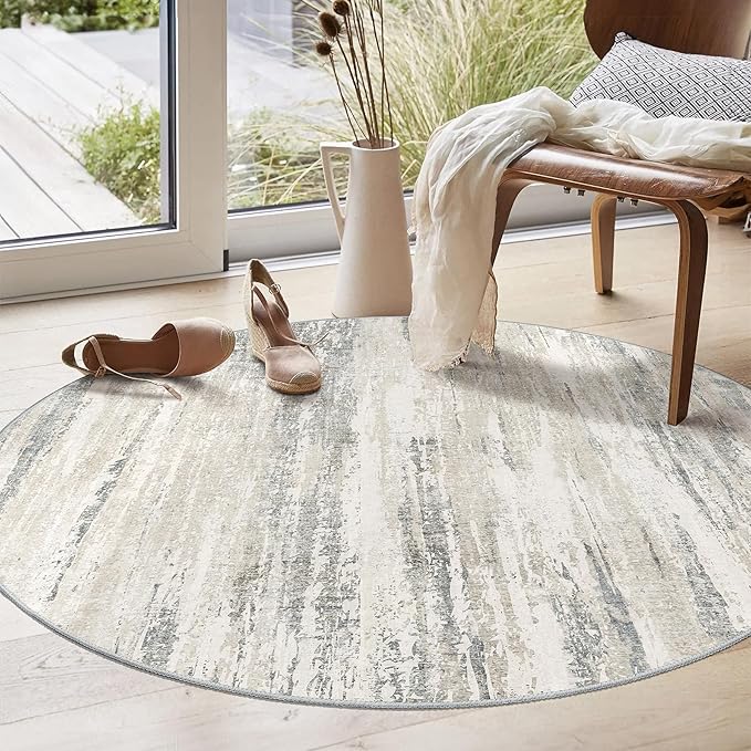 MUJOO Round Rug 4ft,Small Cicle Area Rug Washable,Circular Throw Carpet for Entryway Bedroom Kitchen,Modern Abstract Non Slip Indoor Accent Neutral Beige and Grey