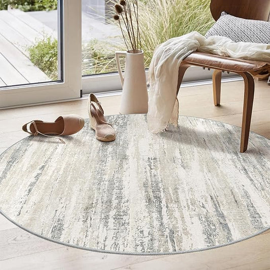 MUJOO Round Rug 4ft,Small Cicle Area Rug Washable,Circular Throw Carpet for Entryway Bedroom Kitchen,Modern Abstract Non Slip Indoor Accent Neutral Beige and Grey