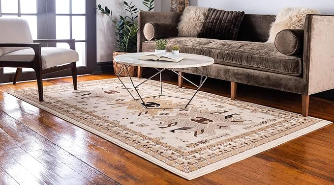 Unique Loom Taftan Collection Border Geometric Tribal Inspired Design Area Rug (6' 0 x 9' 0 Rectangular, Ivory/ Tan)