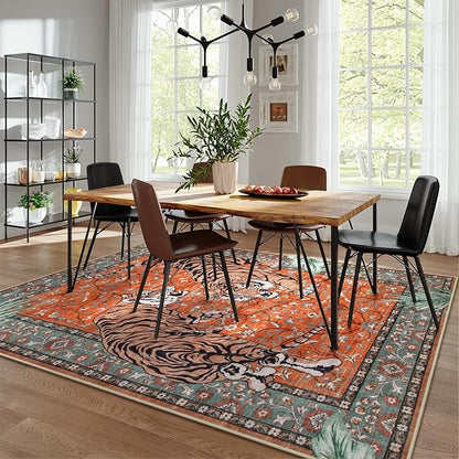 Moynesa Tiger Washable Area Rug, Boho 6x9 Rug for Living Room, Vintage Large Soft Bedroom Rug, Non Slip Ultra Thin Stain Resistant Floor Carpet for Dining Room Home Office, Rust