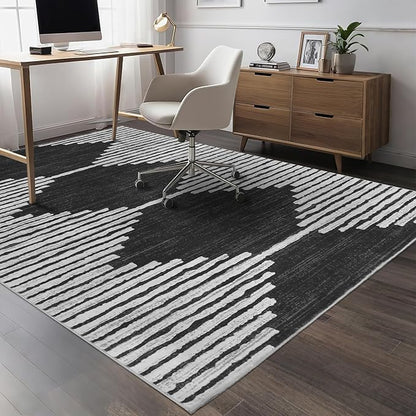 HelloTree Area Rug for Living Room 6x9 Washable Geometric Moroccan Rug Stripe Farmhouse Bohemian Minimalistic Non Slip Non Shedding Ultra Thin Soft Rug for Bedroom Office DiningRoom Nursery-Black