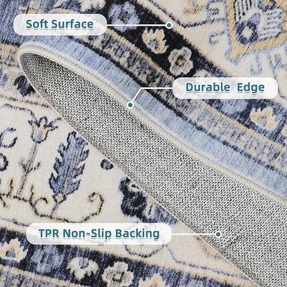 Dripex Vintage Washable Area Rug - 5x8 Distressed Rugs for Living Room Bedroom Oriental Medallion Floral Print Carpet Low-Pile Indoor Soft Non-Slip Accent Rug Farmhouse Office Home Decor