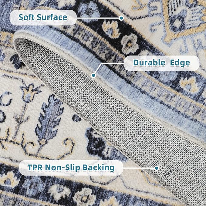 Dripex Vintage Washable Area Rug - 3x5 Entryway Rug for Indoor Door Mat Low-Pile Non-Slip Bedside Rug Bedroom Oriental Medallion Floral Print Carpet Soft Accent Rug Farmhouse Office Home Decor