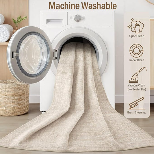 10x12 Area Rug Living Room: Washable Large Vintage Beige Rugs Neutral Non-Slip Soft Stain Resistant Indoor Carpet for Bedroom Nursery Dining Room Under Table Bed Home House Office Playroom