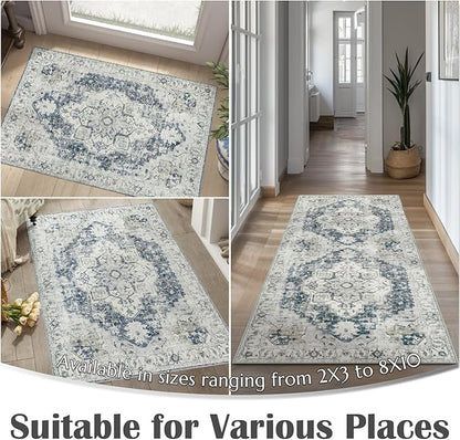 jinchan Kelda Runner Rug 3x8 Washable Rug Soft Hallway Runner Indoor Vintage Print Floor Cover Retro Distressed Lightweight Non-Slip Thin Carpet for Bathroom Kitchen Living Room Bedroom Grey