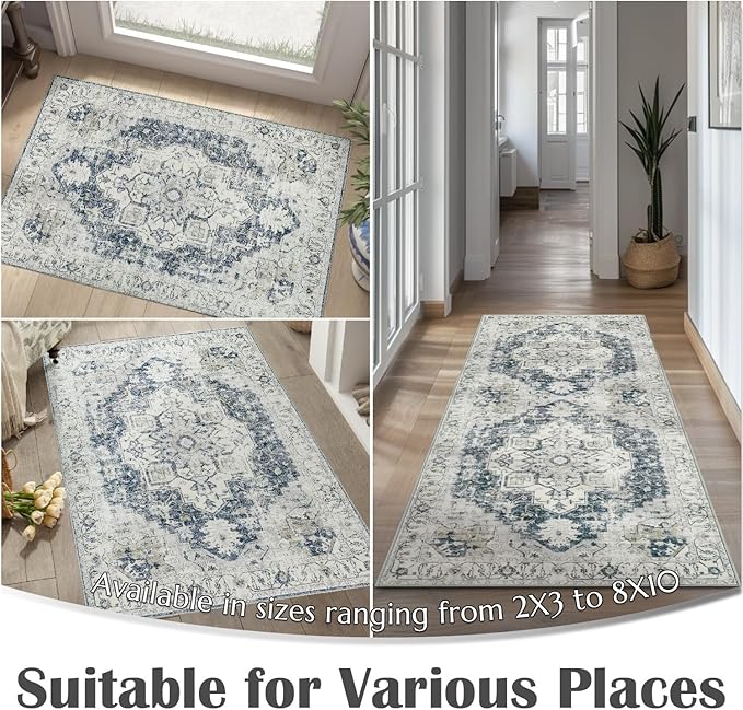 jinchan Kelda Area Rug 4x6 Washable Bedroom Rug Vintage Soft Indoor Floor Cover Retro Distressed Mat Accent Lightweight Non-Slip Thin Carpet for Kitchen Bathroom Living Room Grey