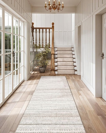 LUMI Washable Runner Rug, 3'x8' Non-Slip Hallway Mat, Low Profile Thin Long Carpeet for Laundry Kitchen Bedroom Office, White and Brown