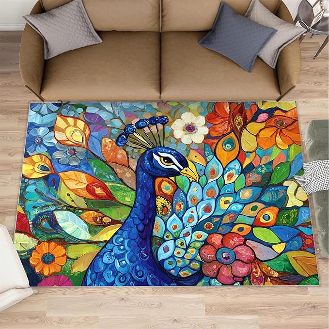 Boho Peacock Rug Large - 6x9 Rug, Colorful Peacock Washable Rugs for Living Room, Teal Turquoise Carpet, Modern Style Non-Slip Area Rugs for Bedroom, Aesthetics Carpet - Peafowl Home Decor & Gifts