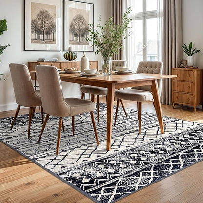 KUTA Morocca Area Rug 5x7 Black Navy Blue, Washable Boho Living Room Rugs Non-Slip, Ultra Soft Geometric Print Traditional Farmhouse Carpet for Dining Room Bedroom Dorm Office Home Decor