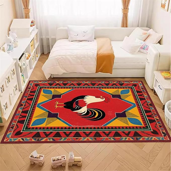 Country Rooster Rugs，4x5ft,Colorful Geometric Rooster Pattern Rug，Rooster Pattern Colorful Rug. Ethnic Vintage Design Non-Slip Washable Floor Mat for Living Room Bedroom Farmhouse Home Office