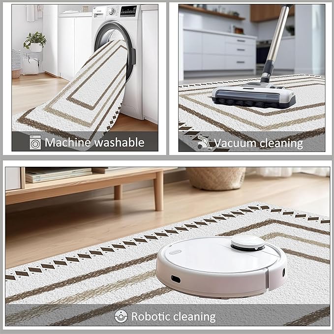 Moroccan Farmhouse Area Rugs 5x6ft, Neutral Geometric Pattern in Off-White Rug, Low Pile Machine Washable & Non-Slip Soft Carpet for Living Room, Bedroom & Dining Room