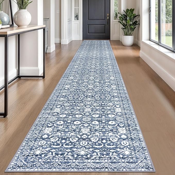 Runner Rug 2.6x18, Light Blue White Washable Long Hallway Rug Runner Non-Slip Soft Kitchen Runner Thin Printed Faux Wool Super Soft Carpet for Entryway Bedroom Laundry Room Indoor Home Decor