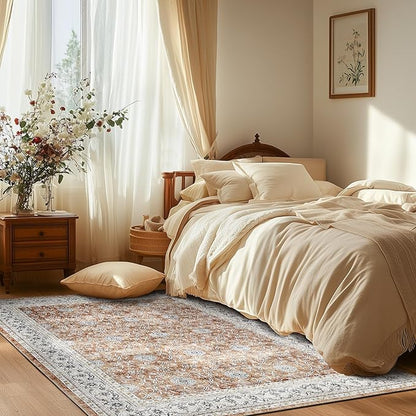 jinchan Floral 5x7 Area Rugs for Bedroom - Machine Washable Vintage Distressed Boho Design Throw Rug Stain Resistant Carpet Low-Pile Thin Non-Slip for Nursery Living Room Dining Room (5‘x7', Orange)