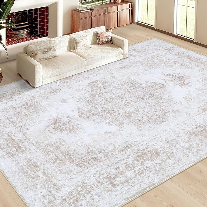 Area Rug 10x14 Living Room Rug, Machine Washable Vintage Distressed Medallion Rug Non-Slip Soft Low Pile Large Indoor Rugs for Bedroom Kitchen Dining Room Office(Beige,10'x14')