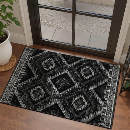 Area Rug 2x4 Rug Machine Washable Non-Slip Low Pile Print Pattern Western Rug for Living Room Bedroom Entryway Tribal Series-Black
