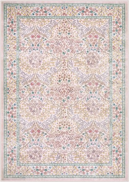 Lahome Floral Washable Area Rugs 5x7, Soft Pink Rugs for Living Room Bedroom, Boho Non Slip Low Pile Forest Stain Resistance Large Throw Carpet for Farmhouse Dining Room Office, Pink