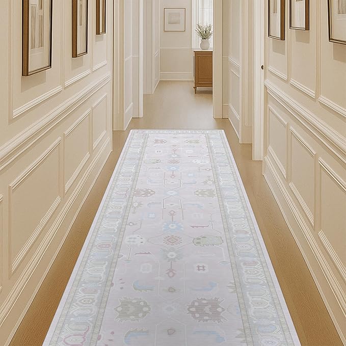 Fame Living Faded Oushak Rug, Turkish Vintage Floral Pastel Large Oversized Area Rugs for Living Room Dining Bedroom Kitchen Bathroom Nursery (854PW, 2'5" x 13')