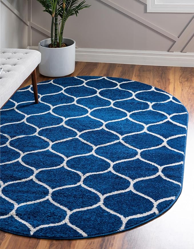 Rugs.com Lattice Frieze Collection Rug – 8' x 10' Oval Navy Blue Medium Rug Perfect for Living Rooms, Large Dining Rooms, Open Floorplans