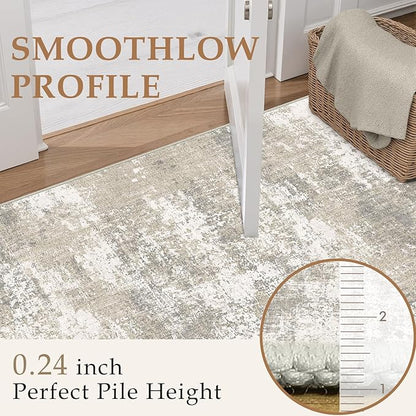 Modern Abstract Beige Gray Area Rug 3x5 Entryway Machine Washable Office Carpet Kitchen Door Mat Indoor Accent Throw Low Pile Non Slip Distressed Living Dining Laundry Room Bedroom