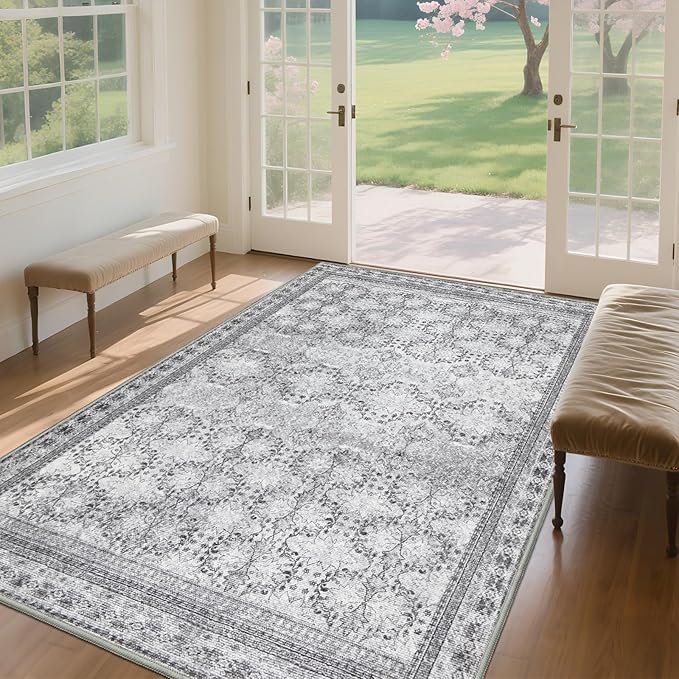 4x6 Area Rug for Bedroom Machine Washable, Non Slip Vintage Floral Kitchen Rugs for Dining Room,Rustic Indoor Floor Carpet for Kids Room, Playroom, Office Classroom Faded Grey