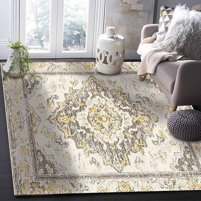 Bohemian Pattern Rectangular Area Rugs for Living Room Bedroom 5 x 6.9 ft Brown & Yellow Abstract Non-Shedding Soft Low Pile Rug Non Slip Washable Rug for Nursery Entryway Playroom