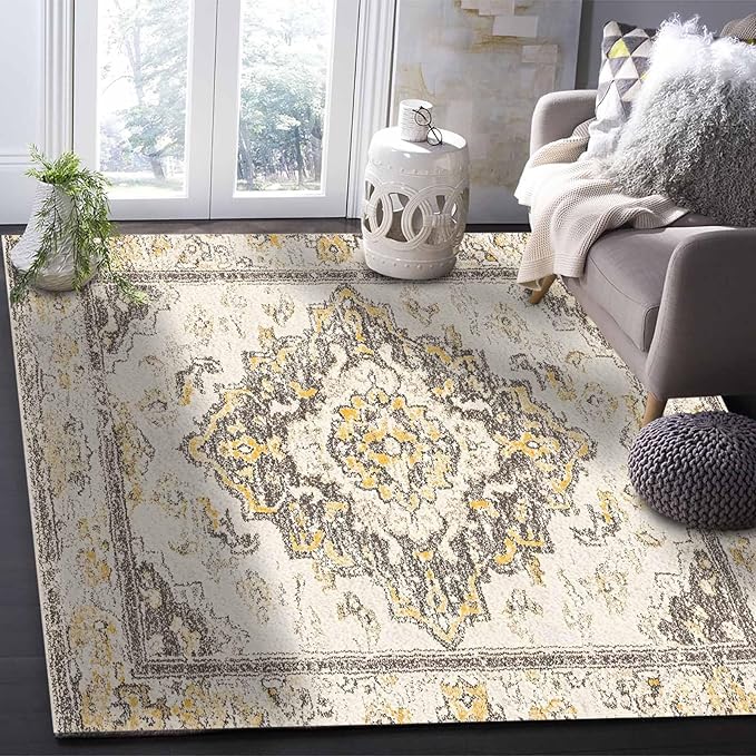 Bohemian Pattern Rectangular Area Rugs for Living Room Bedroom 2.8 x 5 ft Brown & Yellow Abstract Non-Shedding Soft Low Pile Rug Non Slip Washable Rug for Nursery Entryway Playroom