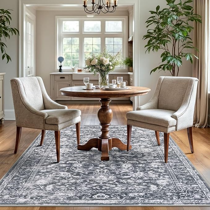 KILOCOCO Area Rug 4x6 Entryway Rug Washable Printed Vintage Floral Rubber Backed Non Slip Indoor Kitchen Rugs for Laundry Room Playroom Bedroom Living Room Moroccan Area Rugs, Grey