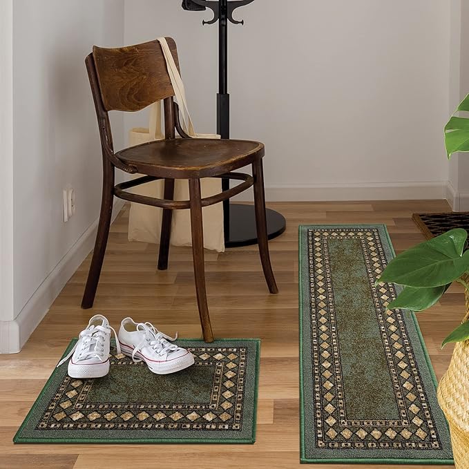 Antep Rugs Alfombras Modern Bordered 2pc Non-Skid (Non-Slip) Low Profile Pile Rubber Backing Indoor Kitchen Runner Rugs (Green, 2pc Set)