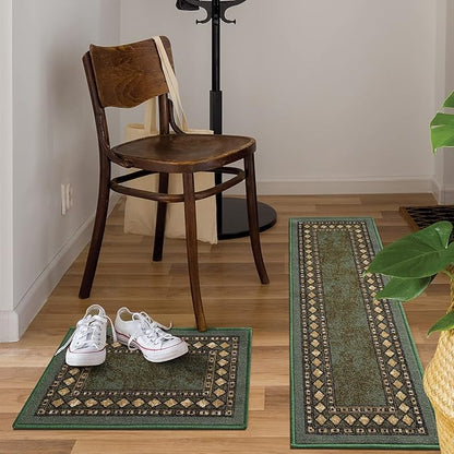 Antep Rugs Alfombras Modern Bordered 2pc Non-Skid (Non-Slip) Low Profile Pile Rubber Backing Indoor Kitchen Runner Rugs (Green, 2pc Set)