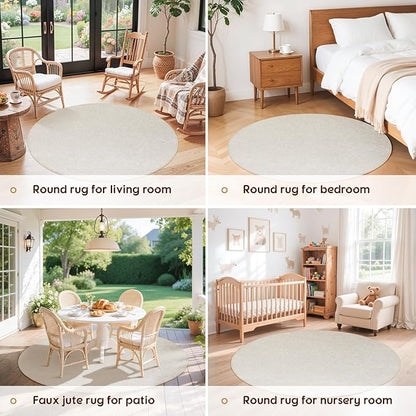 LBRO2M Easy Jute Solid Area Rug 4X4 Round Washable Rugs for Living Room Dining Room Bedroom Natural Jute Look Indoor Outdoor Rug Durable, Solid Non Shedding Eco Friendly (4X4 Light Ivory)