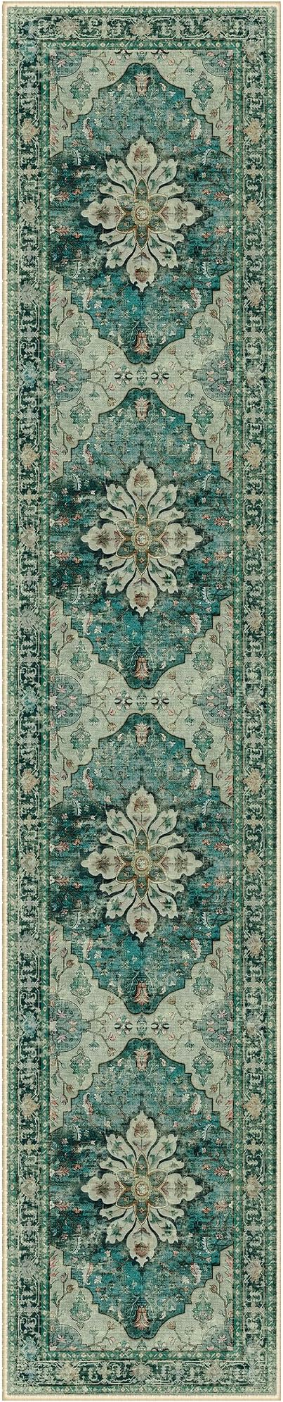 Area Rugs 2'6''x12' Washable Non-Slip, Floral Vintage Distress Print Pattern Medallion Carpet for Living Room Bedroom Dining Room, Dark Blue Vintage