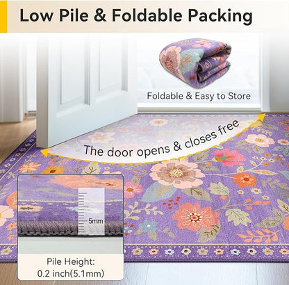 Floral 6x9 Area Rug Machine Washable Soft Print Boho Carpet Non Slip Doormat Low Pile Flower Area Rugs for Living Room Bedroom Nursery Kitchen Dining Room Indoor-Purple/Pink/Multi