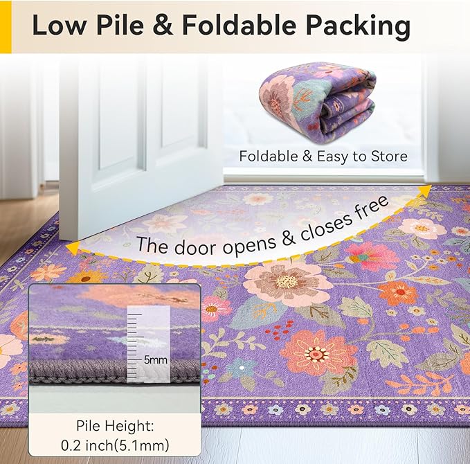 Floral 2x3 Area Rug Machine Washable Soft Print Boho Carpet Non Slip Doormat Low Pile Flower Area Rugs for Living Room Bedroom Nursery Kitchen Dining Room Indoor-Purple/Pink/Multi