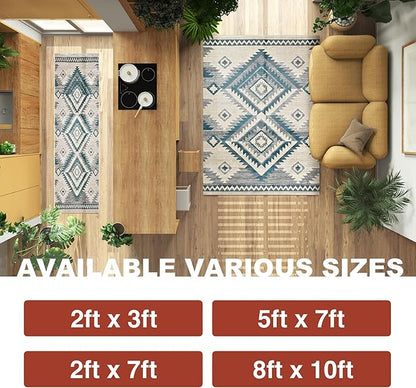 YHSF South West Native American Rug Ritz – Native Tribal American Indian Inspired Rug - Living Room, Bedroom, Hallway, Entryway & High-Traffic Area Rugs - Washable - Soft - Aqua, 2 Feet x 7 Feet