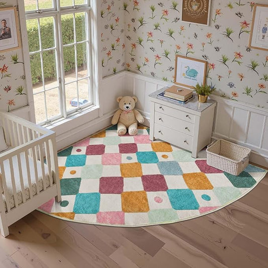 jinchan Macy Kids Rug for Nursery 6ft Radius Corner Washable Area Rug Modern Colorful Quarter Circle Rug Soft Non-Slip Carpet for Bedroom Playroom Daycare Reading Nook Classroom Confetti on Cream