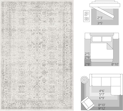 FMFUNCTEX 8x10 Washable Area Rug Grey Vintage Neutral Distressed Large Non Slip Carpet for Living Room Bedroom Soft Low Pile Indoor Mat Retro Floral Throw Rug for Dining Room Kitchen Office Nursery