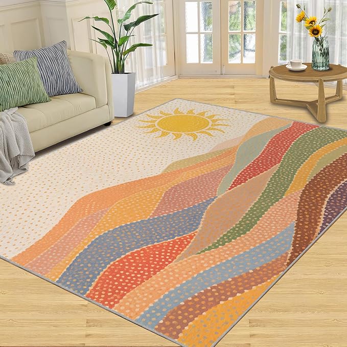 Boho Sun Area Rugs 8x10ft, Mosaic Sunburst Area Rug for Living Room, Dotted Gradient Hills Modern Rug with Double Sided Carpet Tape for Bedroom Men Room Decor