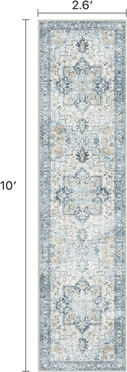 Runner Rug 2'6''x10, Non Slip Vintage Hallway Runner Rugs, Low Pile Lightweight Machine Washable Mat for Hallway, Entryway, Bedroom, Kitchen and Corridor, Blue