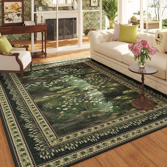 Rugcomf 5x7 Area Rugs Impressionist-Style Vintage Washable Area Rug Non Slip Low Pile Large Rugs for Living Room Bedroom Farmhouse Dining Room Kids Playroom, Green