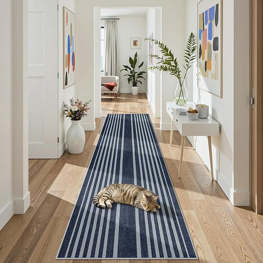 Beeiva Striped Blue Runners for Hallways, 2.5x8 Washable Bathroom Runner with Rubber Backed, Non Slip Soft Low Pile Indoor Floor Carpet for Kitchen Bedroom Porch High Traffic Areas