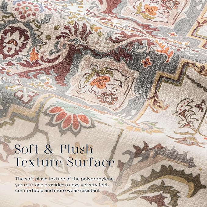 Phantoscope Washable Runner Rug 2'x6' Non-Slip, Vintage Boho Hallway Rugs for Entryway, Stair, Bedroom, Persian Floral Medallion Pattern, Low-Pile Foldable Floor Carpet, Ivory Rose/Fall Bloom