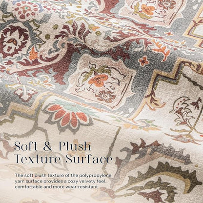 Phantoscope Washable Runner Rug 2'x10' Non-Slip, Vintage Boho Hallway Rugs for Entryway, Stair, Bedroom, Persian Floral Medallion Pattern, Low-Pile Foldable Floor Carpet, Ivory Rose/Fall Bloom