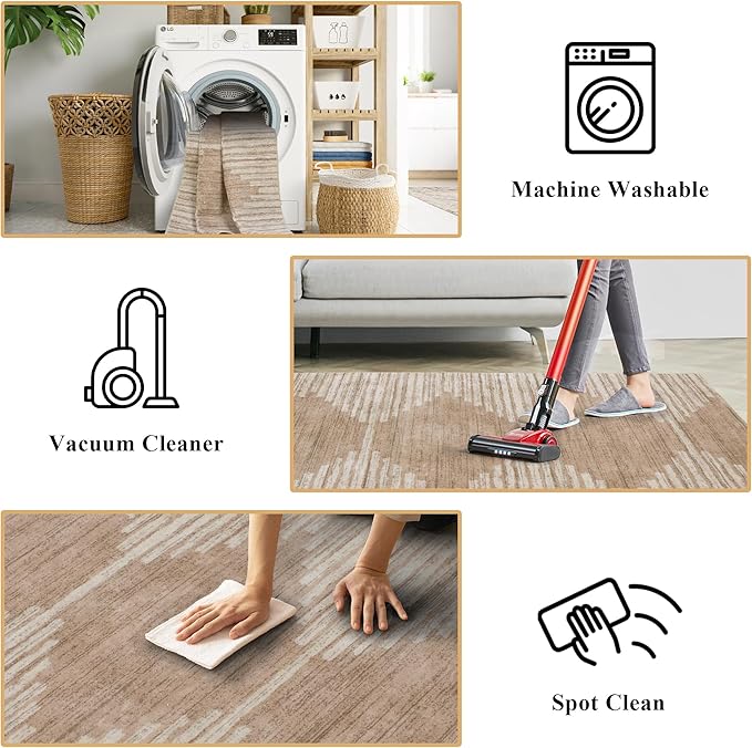 HelloTree 2x3 Entryway Rug, Indoor Small Machine Washable Area Rug Non Slip Backing Home Decor Floor Decoration Mat Boho Rugs for Entrance Kids Room Bedside Bedroom Carpet-Pink&Khaki