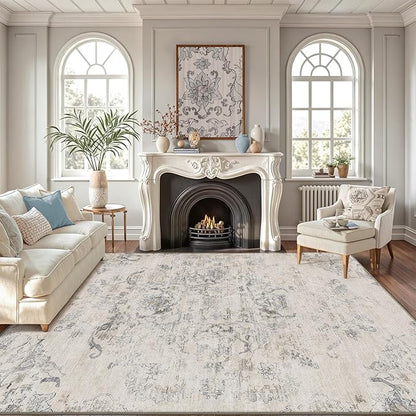 LUMI 8x12 Washable Area Rug for Living Room, Ultra Soft Vintage Rugs with TPE Non Slip Backing, Stain Resistant, Low Profile Carpet High Traffic for Bedroom, Dining Room