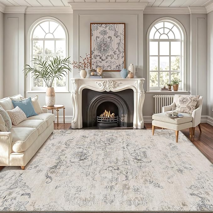 LUMI Washable 5x8 Area Rug for Living Room, Ultra Soft Vintage Rug with TPE Non Slip Backing, Stain Resistant, Low Profile Carpet High Traffic for Bedroom, Dining Room