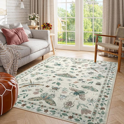Lahome Insect Print Washable Area Rugs 5x7, Soft Rugs for Living Room Ultra-Thin Non-Shedding Modern Bedroom Rug, Stain Resistant Throw Rug Large Carpet for Dining Room Kids Nursery(5'x7',Beige)