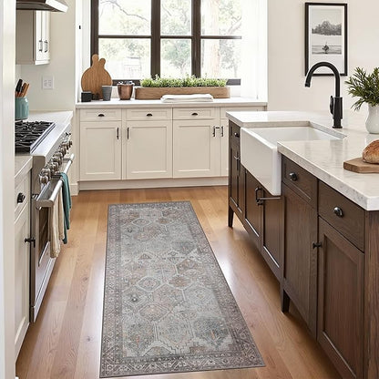 Bavni Kitchen Rug 2x5 Runner Rugs for Hallways Entryway, Washable Vintage Print Carpet, Ultra-Thin Chenille Low Pile Lightweight Rug with Non Slip Backing, Retro Grey