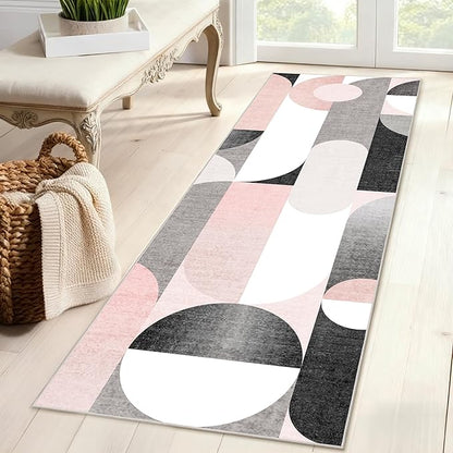 Pink Runner Rug 2x6 Washable Rug Runners for Hallway Kitchen,Long Modern Rugs for Bedroom Entryway Bathroom,Non Slip Floor Carpet,Blush Grey Black
